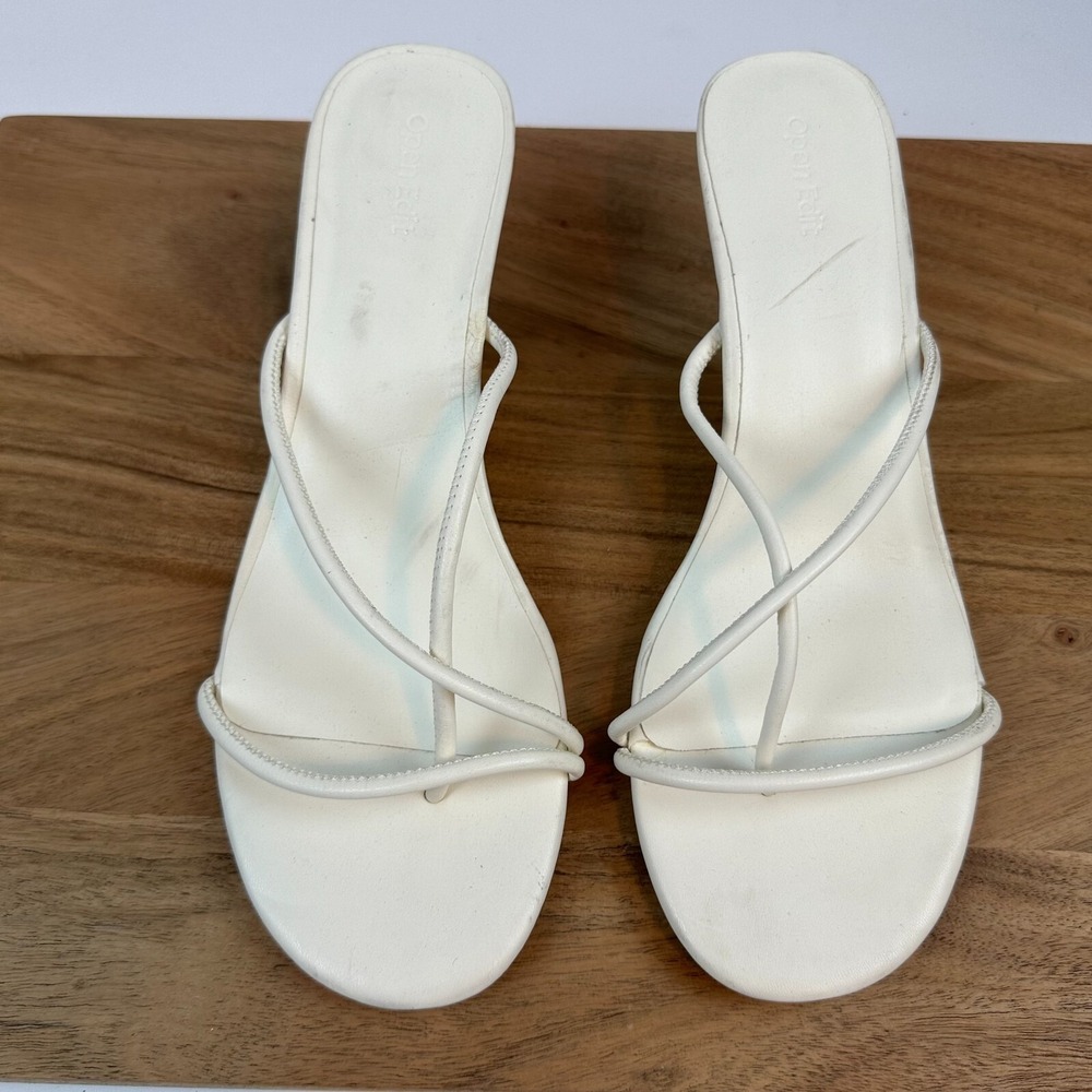 Womens Open Edit Solana Faux Leather White Slip On Sandals Heels Size 11 M GUC